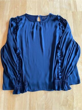 LOFT Navy Long-Sleeve Ruffle Blouse